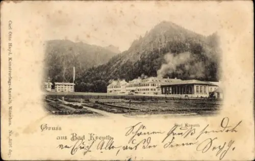 Ak Kreuth am Tegernsee Oberbayern, Schwarze Berge, Fabrikgebäude, Felder, Text 'Gruss aus Bad Kre