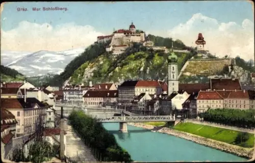 Ak Graz Steiermark, Blick auf Schloßberg, Mur, Stadtansicht, Fluss, Berge