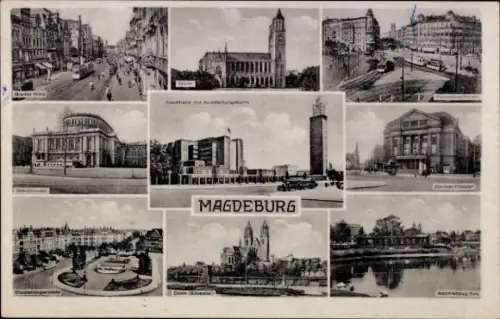 Ak Magdeburg an der Elbe, Breiter Weg, Dom, Zentraltheater, Adolf-Mittag-See, Stadthalle