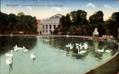 Ak Stuttgart in Württemberg,  Anlagensee, Neues Hoftheater, Schwäne