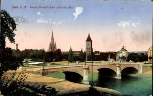 Ak Ulm an der Donau,  Neue Donaubrücke, Münster, Fluss, Brücke