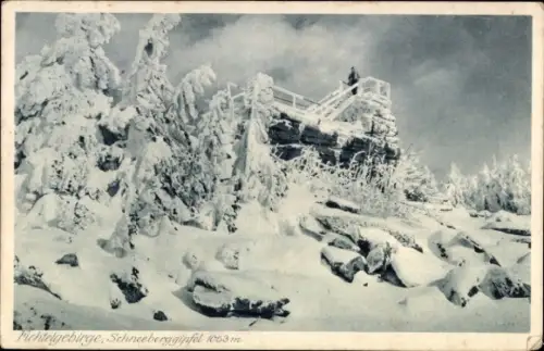 Ak Fichtelgebirge Oberfranken Bayern, Asenturm auf dem Ochsenkopf, Schneeberg,  verschneite Lands