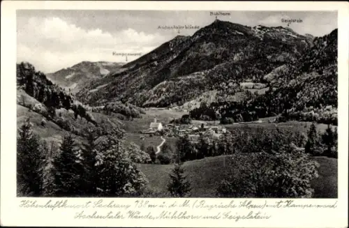 Ak Sachrang Aschau im Chiemgau Oberbayern, Berglandschaft, Kampenwand, Mühlhorn, Geglstein, Asche
