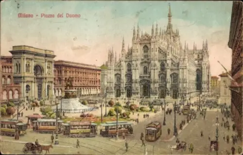 Ak Milano Mailand Lombardia,  Piazza del Duomo,  Gebäude, Straßenbahn, Menschen