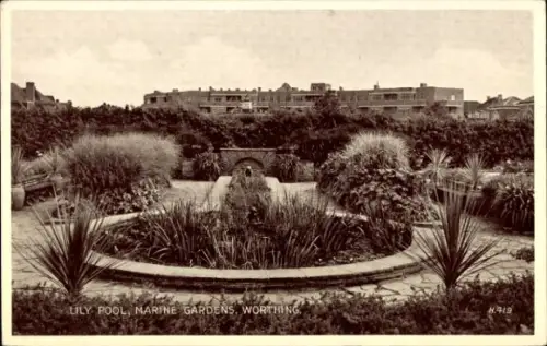 Ak Worthing West Sussex England, Lily Pool, Marine Gardens,  Pflanzen, Gartenanlage