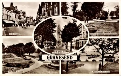 Ak Gravesend Kent England,  King Street, Fort Gardens, Grove, Jubilee Clock Tower, Gordon Gardens