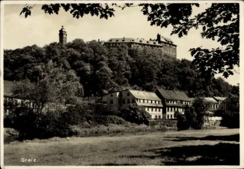 Ak Greiz im Vogtland Thüringen,  Gebäude am Hang, Fluss im Vordergrund, Bäume
