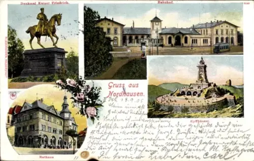 Ak Nordhausen am Harz, Denkmal Kaiser Friedrich, Bahnhof, Rathaus, Gruss aus Nordhausen