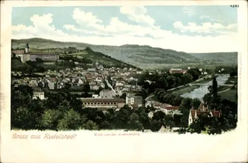 Ak Rudolstadt in Thüringen, Blick auf  Justinahöhe, Fluss, Landschaft, Häuser