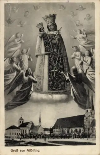 Ak Altötting in Oberbayern, Heilige Maria mit Krone, Engel,  Gruß aus Altötting