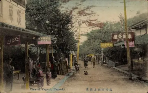 Ak Nagasaki Präfektur Nagasaki Japan, Blick auf Tagami, Straßenansicht, Geschäfte