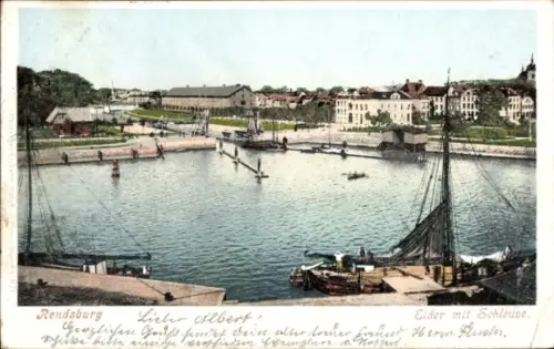 Ak Rendsburg in Schleswig Holstein, Hafenansicht, Eider mit Schleuse, Segelschiffe, Rendsburg