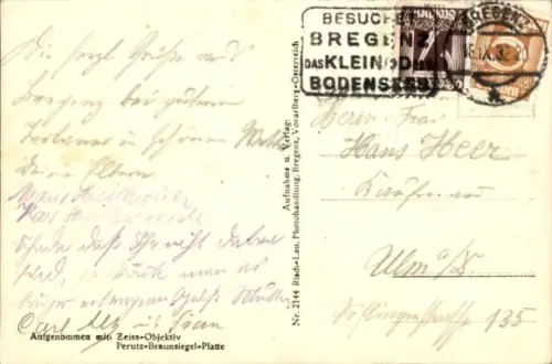 Ak Bregenz am Bodensee Vorarlberg, Luftaufnahme von  Bodensee, Berge im Hintergrund, 