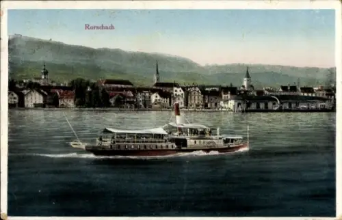 Ak Rorschach Kt. St. Gallen Schweiz, Dampfschiff auf dem Wasser, Stadtansicht von  Berge im Hinte