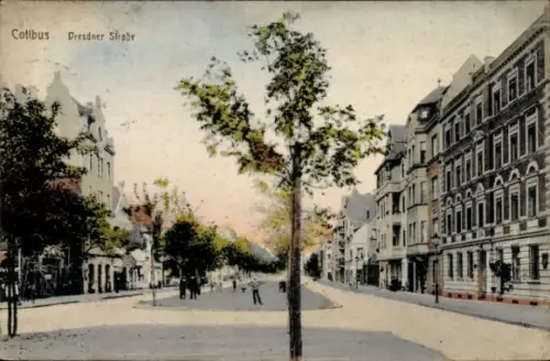 Ak Cottbus in der Niederlausitz,  Dresdner Straße, Bäume, Straßenansicht, Menschen