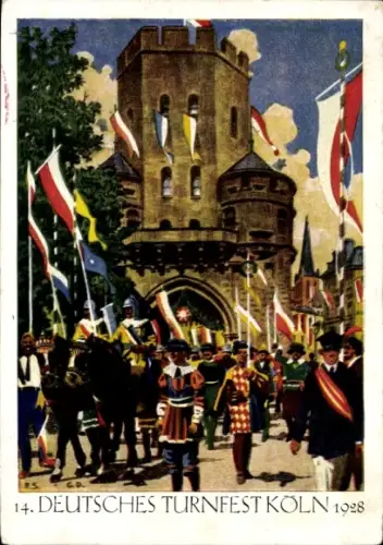 Künstler Ak Köln, 14. Deutsches Turnfest 1928, Historischer Festzug am Severinstor