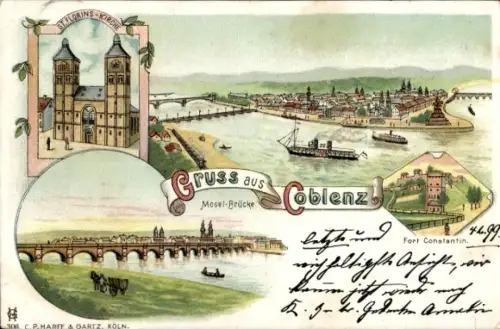 Litho Koblenz am Rhein, Gesamtansicht, Mosel-Brücke, Fort Constantin, St. Florins Kirche