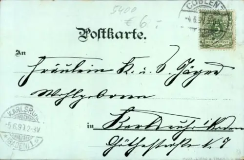 Litho Koblenz am Rhein, Gesamtansicht, Mosel-Brücke, Fort Constantin, St. Florins Kirche