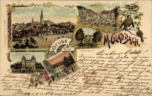 Litho Mönchengladbach am Niederrhein, Kaiser-Bad, Bürgermeisteramt, Kaiserpark, Marktplatz