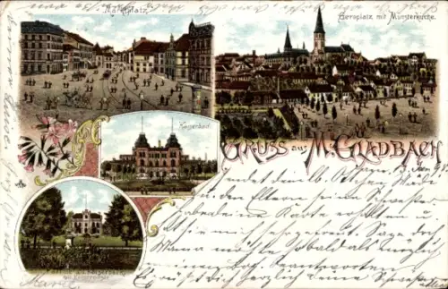 Litho Mönchengladbach am Niederrhein, Marktplatz, Münsterkirche, Kaiserbad