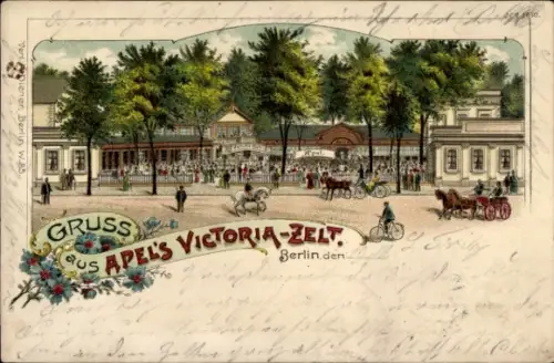 Litho Berlin Tiergarten Moabit, Apel's Victoria Zelt von der Straße aus