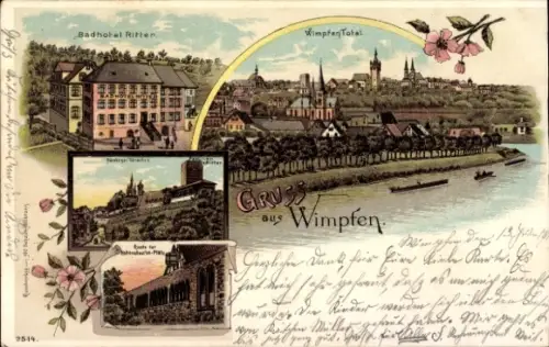 Litho Bad Wimpfen am Neckar, Gesamtansicht, Badhotel Ritter, Blauer Turm