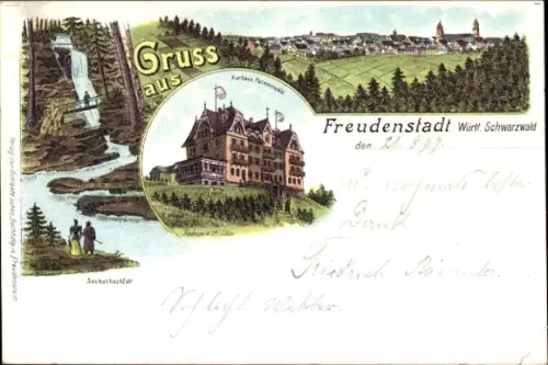 Litho Freudenstadt im Schwarzwald, Gesamtansicht, Sankenbach-Wasserfall, Kurhaus