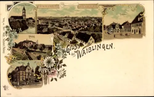 Litho Waiblingen in Württemberg, Kirche, Bahnhof, Villa, Postplatz