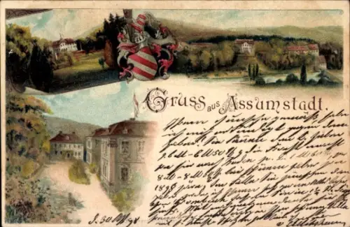 Wappen Künstler Ak Assamstadt in Tauberfranken, Straßenpartie, Herrenhaus