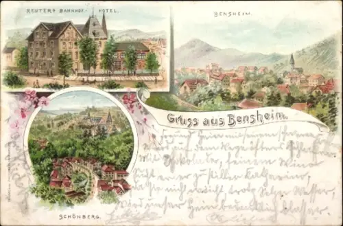 Litho Bensheim an der Bergstraße Hessen, Gesamtansicht, Reuters Bahnhof-Hotel, Schönberg
