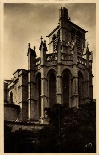 Ak Béziers Hérault, Abbildung der Abside der Église Saint-Nazaire, Bäume im Vordergrund, sepiafar