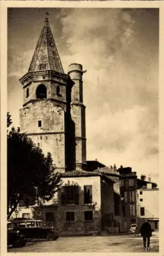 Ak Béziers Hérault, Eglise de la Madeleine, Beziers, Hérault, Turm, Bäume, Autos
