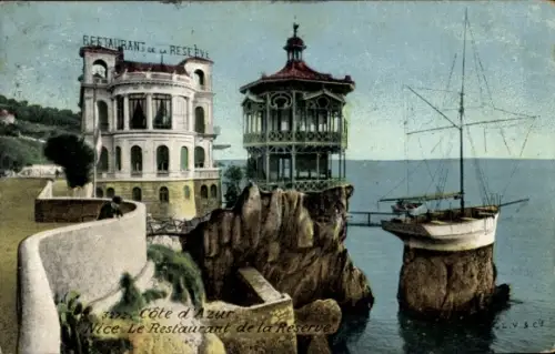Ak Nice Nizza Alpes Maritimes, Restaurant, Côte d'Azur,  Schiff, Felsen