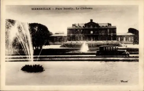 Ak Marseille Bouches du Rhône, Schloss Borély, Park, Brunnen, Auto, Marseille