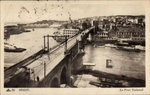 Ak Brest Finistère, Brücke, Wasser, Schiffe, Stadtansicht, Brest
