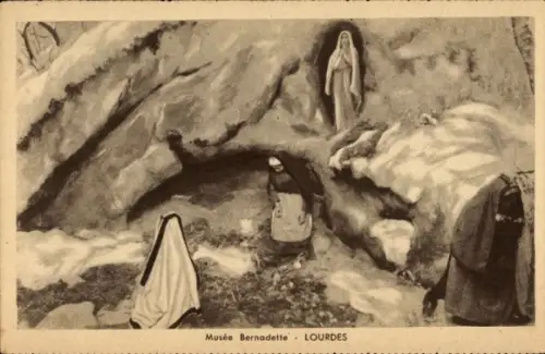 Ak Lourdes Hautes Pyrénées, Musée Bernadette,  Darstellung der Heiligen Jungfrau, Bernadette, Sch