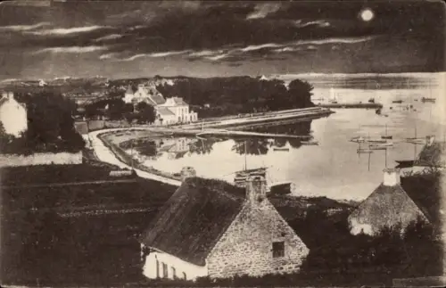 Ak Île aux Moines Morbihan, Landschaft mit Wasser, Häusern, Mondschein, ruhige Szenerie