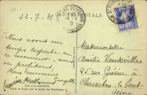 Ak Île aux Moines Morbihan, Landschaft mit Wasser, Häusern, Mondschein, ruhige Szenerie