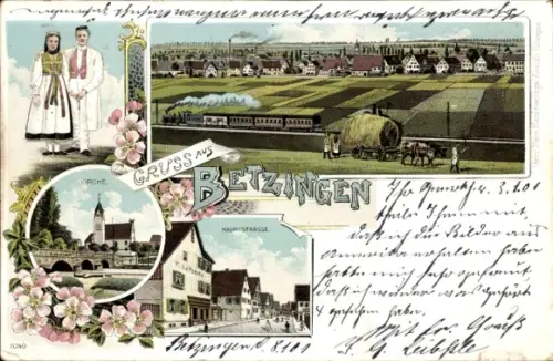 Litho Betzingen Reutlingen in Baden Württemberg, Dampflok, Kirche, Hauptstraße