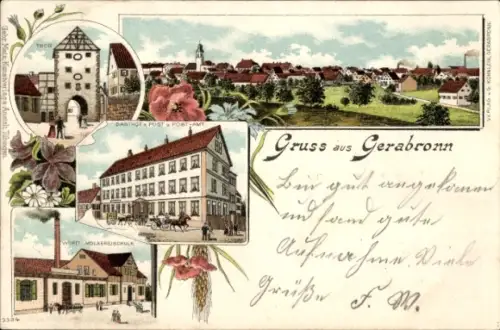 Litho Gerabronn in Württemberg, Gesamtansicht, Tor, Gasthof zur Post, Postamt, Molkereischule