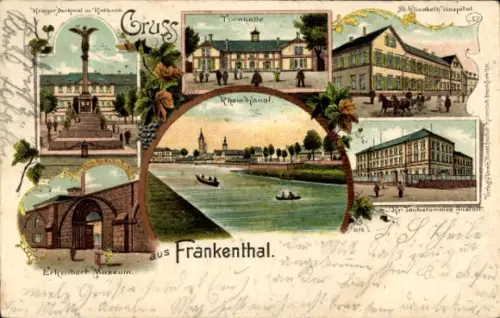 Litho Frankenthal in Rheinland Pfalz, Turnhalle, Taubstummenanstalt, Erkenbert Museum, Hospital