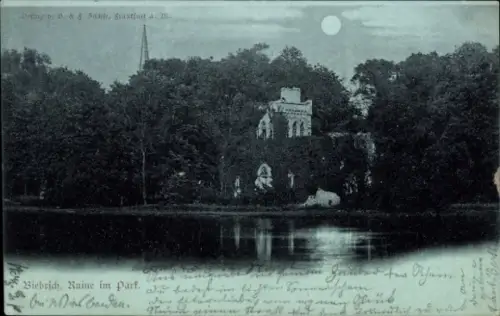 Ak Biebrich am Rhein Wiesbaden, Ruine im Park,  Mondschein, Wasserreflexion