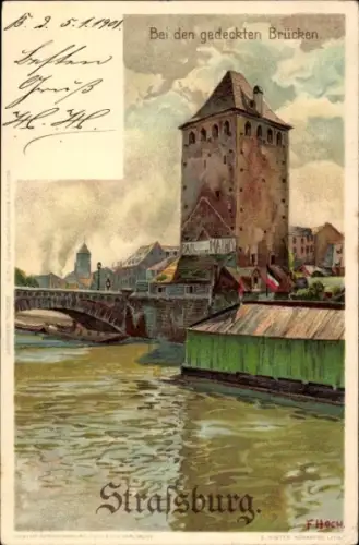 Künstler Litho Hoch, Strasbourg Straßburg Elsass Bas Rhin, Bei den gedeckten Brücken, Bad v. Mathis