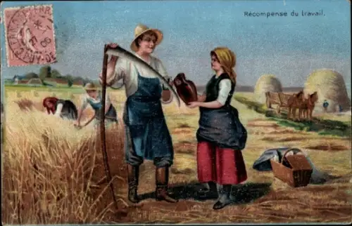 Litho Bauern bei der Heuernte, Sense, Erntesegen