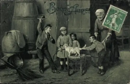 Ak Bonne Année, Kinder, Katze
