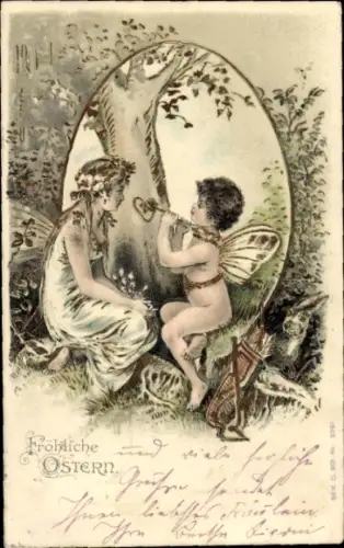 Ak Glückwunsch Ostern, Osterhase, Amor ritzt ein Herz in den Baum