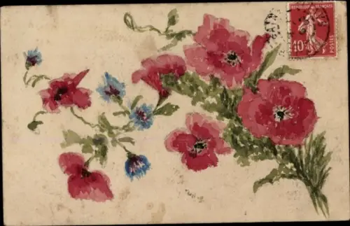 Handgemalt Ak Blumen, Mohn
