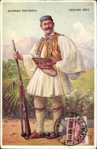 Künstler Ak Costume Grec, Grieche in Tracht, Gewehr