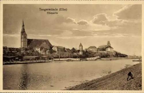 Ak Tangermünde Elbe, Flusspartie, Blick zur Kirche