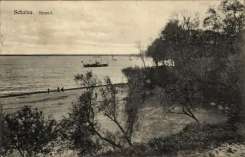Ak Schulau Wedel an der Elbe,  Strand, Boot auf dem Wasser, Bäume am Strand